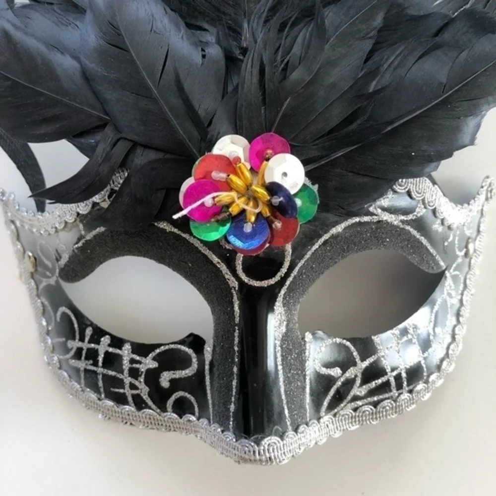 Masquerade Mask Black & Silver with Feathers